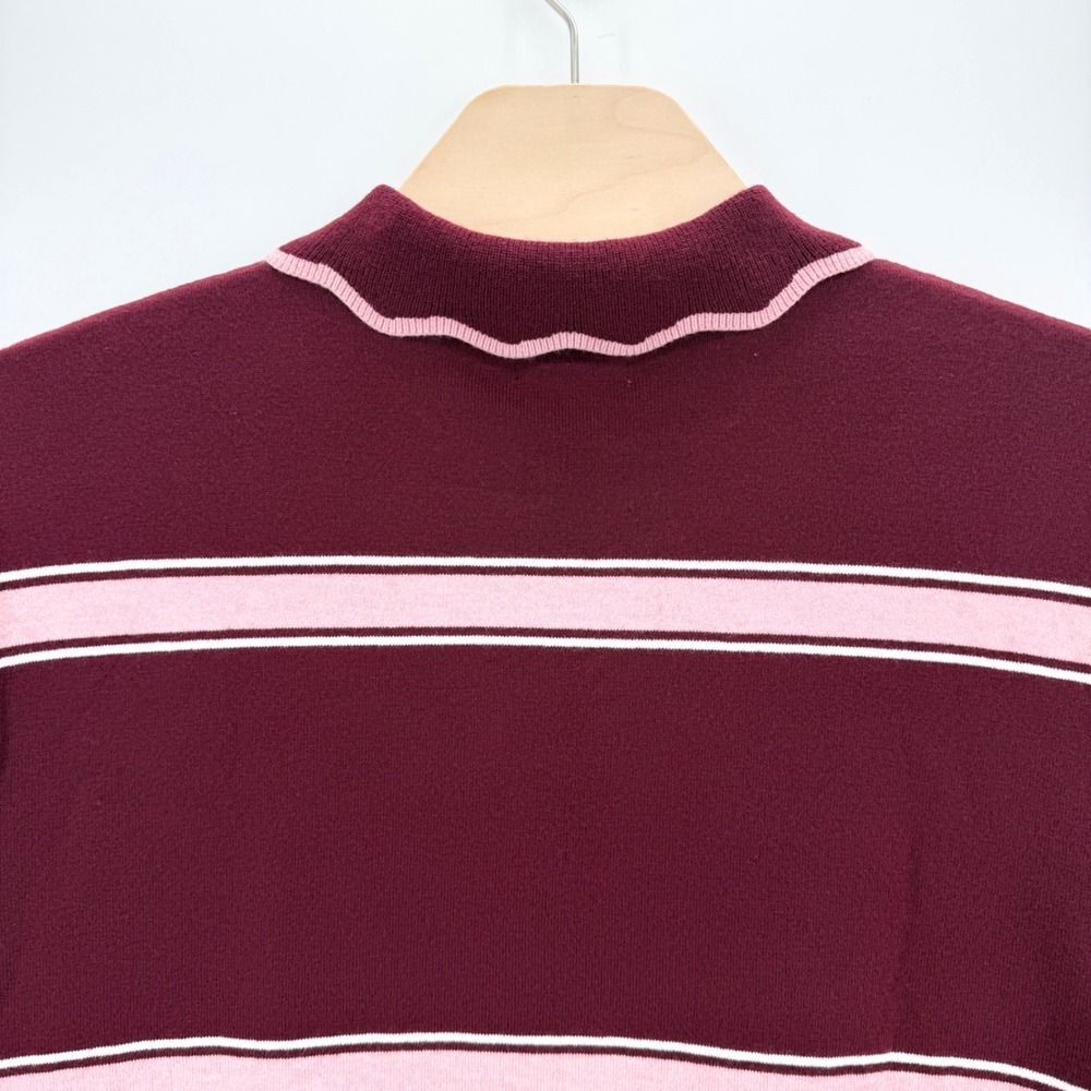 Maeve Anthropologie Knit Polo Women XL Wine Pink Scalloped Stripe Ruffle Sweater - Picture 8 of 12